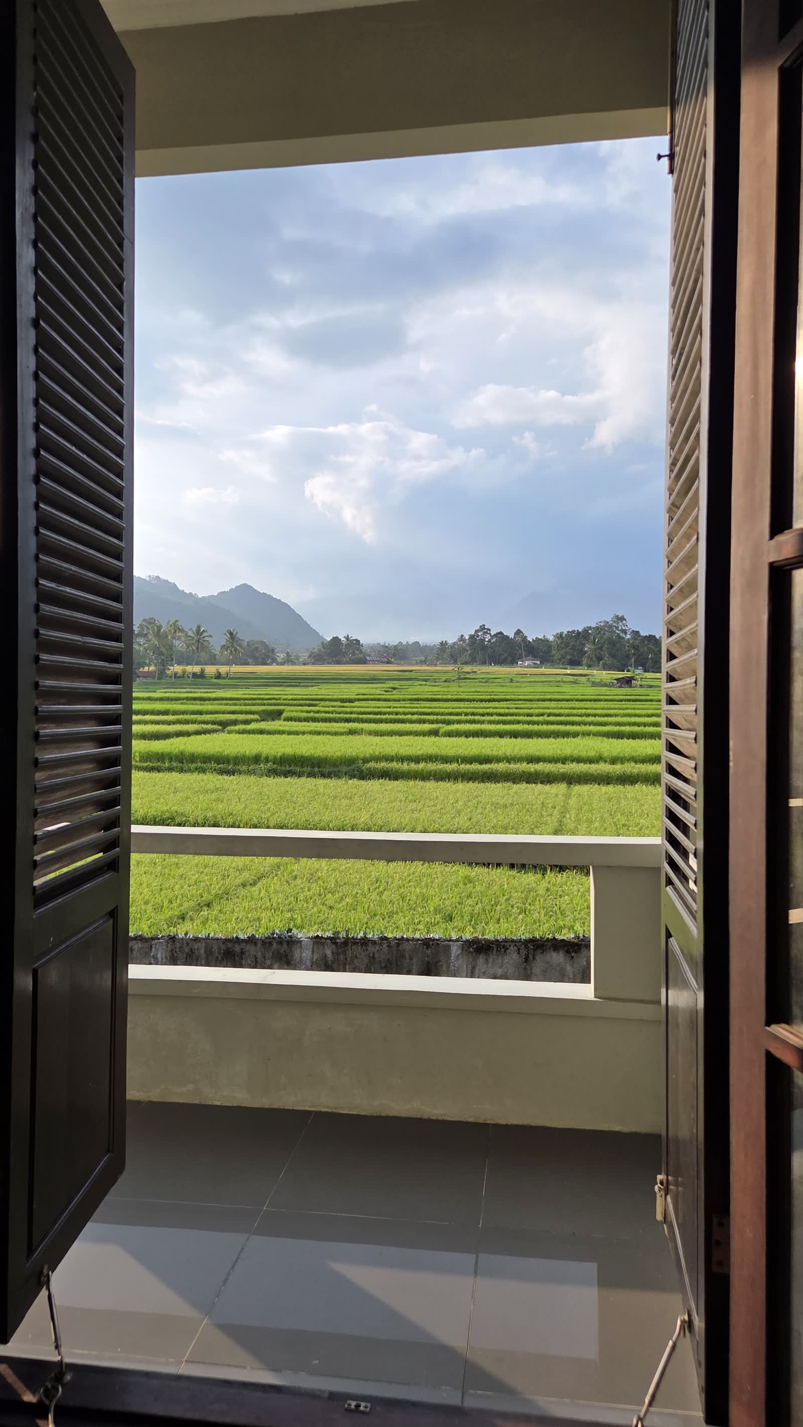 Pandangan dari balkon Rantau, pintu kayu terbuka menghadap hamparan sawah dan bukit di Lintau